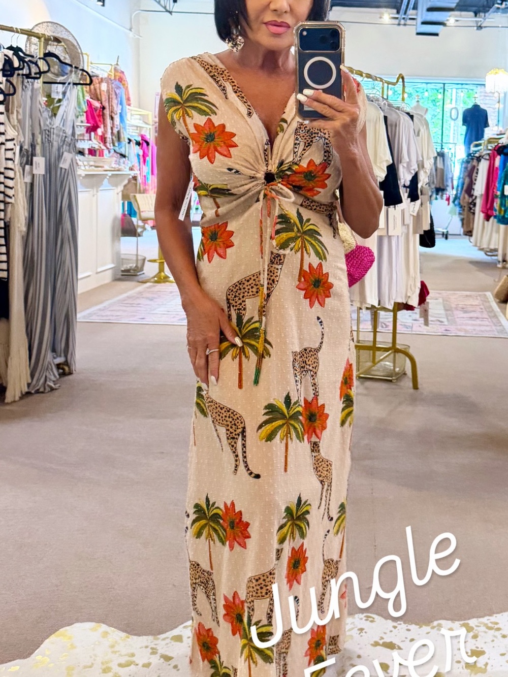 Knot-Front Beige Maxi Dress with Orange Floral, Green Palm & Cheetah Print
